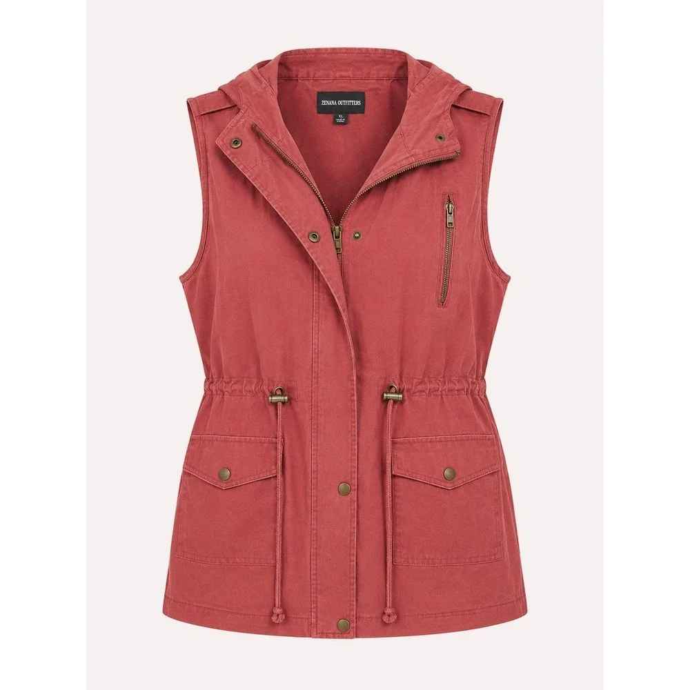 Zenana Outfitters Hooded Cinch Waist Utility Cargo Vest Size Large Cotton Layer - Picture 2 of 12